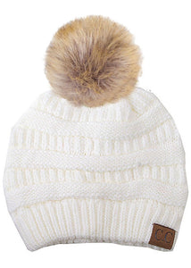Solid Ribbed Knit Beanie with Pom - Ivory