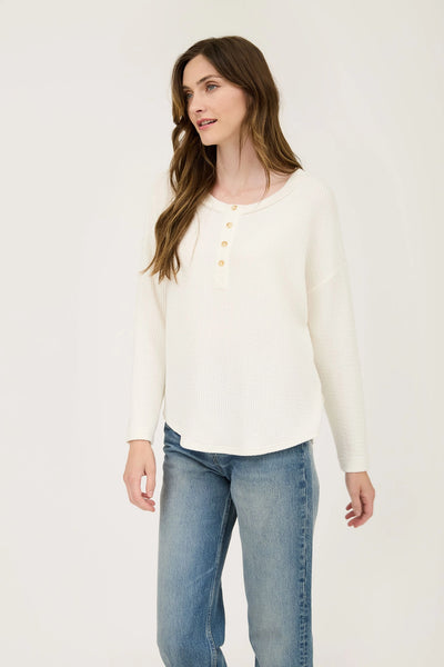 Waffle Knit Henley Long Sleeve Knit Top - Cream