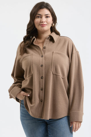 Plus Rib Knit Exposed Seam Button Up Top - Mocha