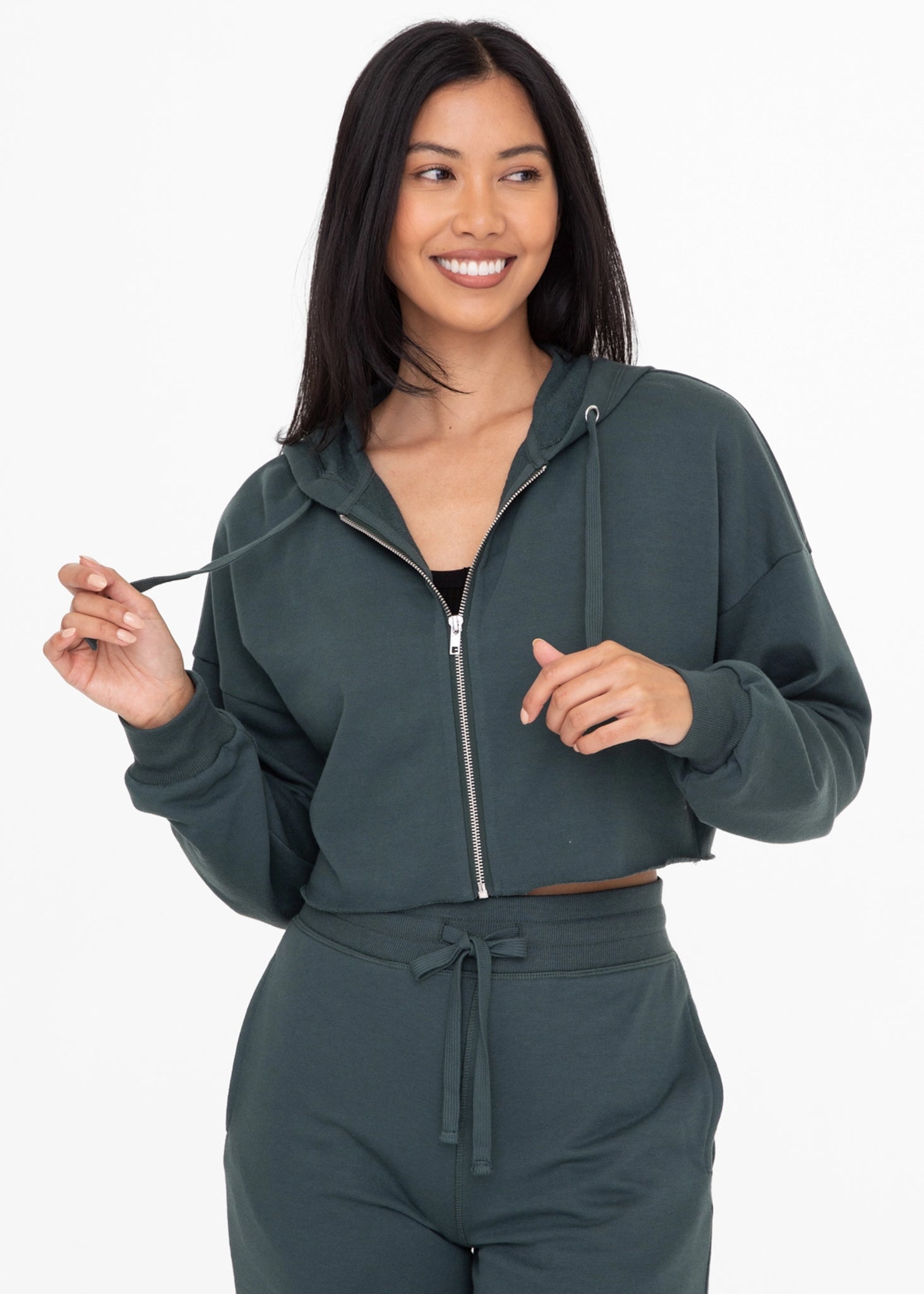 Cozy Crop Hoodie Zip-Up French Terry Jacket - Jungle Green
