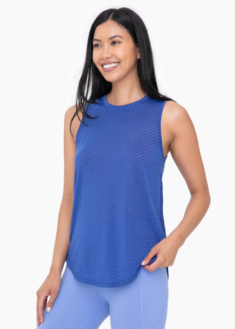 Sheer Striped Mesh Active Tank with Cut-Out Back - Blue