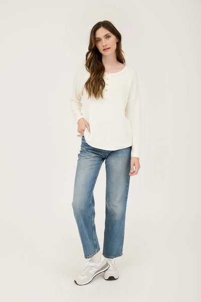 Waffle Knit Henley Long Sleeve Knit Top - Cream