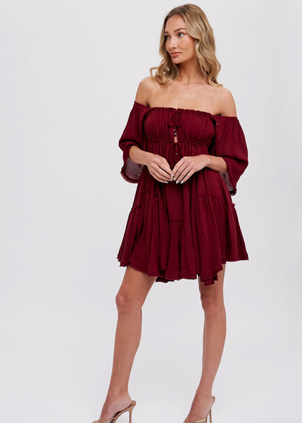 Sylvia Ruffle Hem Ruched Mini Dress - Burgundy