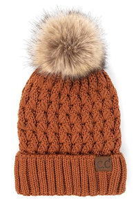 Chilly Crossover Stitch Beanie With Pom - Rust - HUDSON HOUSE BOUTIQUE