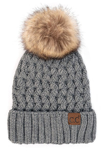 Chilly Crossover Stitch Beanie With Pom - Light Melange Gray - HUDSON HOUSE BOUTIQUE