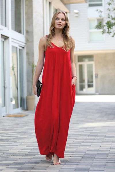 Kendra V-Neck Cami Maxi Dress - Dark Red
