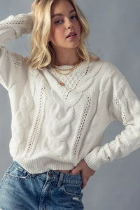 Raza Chunky Cable Knit Pointelle Cut Out Sweater - Ivory