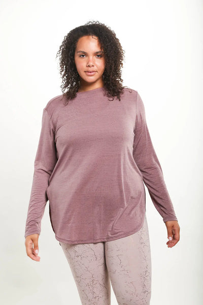 Tiffany Curvy Ribbed Mesh Long Sleeve Flow Top with Side Slits - Mauve