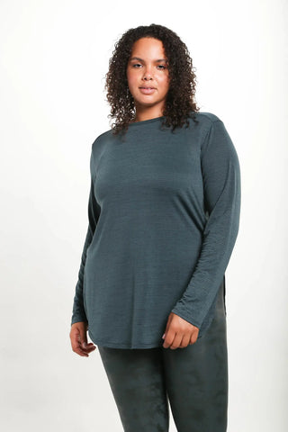 Tiffany Curvy Ribbed Mesh Long Sleeve Flow Top with Side Slits - Green
