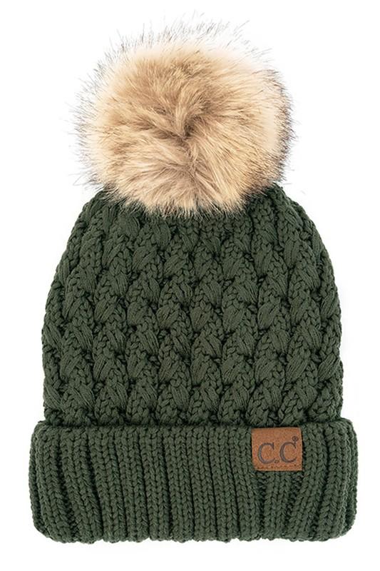 Chilly Crossover Stitch Beanie With Pom - Moss - HUDSON HOUSE BOUTIQUE