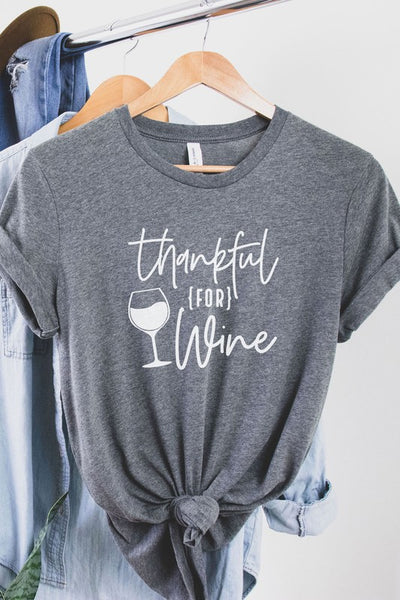Thankful For Wine Tee- Heather Grey - HUDSON HOUSE BOUTIQUE