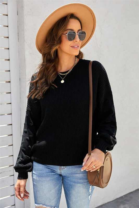 Blaire Balloon Sleeve Cropped Knit Sweater - Black - HUDSON HOUSE BOUTIQUE