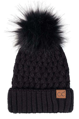 Chilly Crossover Stitch Beanie With Pom - Black - HUDSON HOUSE BOUTIQUE