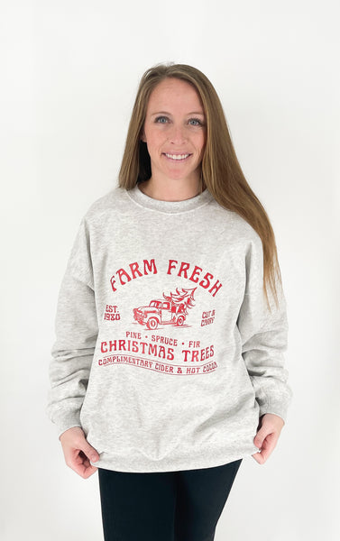 Red Farm Fresh Christmas Trees Sweatshirt - Ash Grey