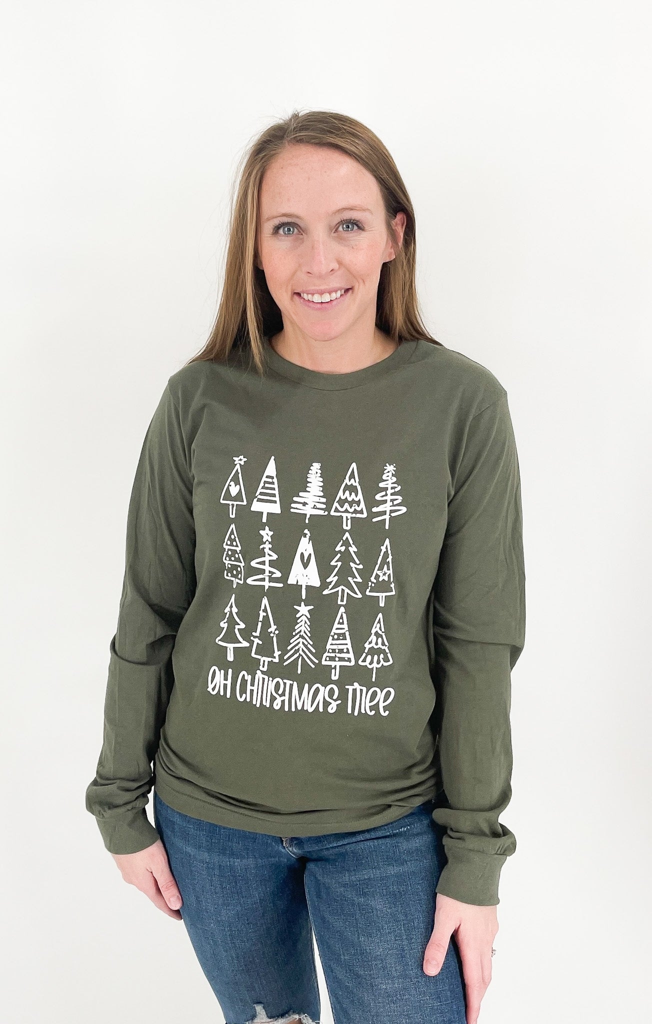 Distressed Christmas Trees Long Sleeve - Army Green