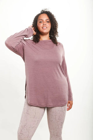 Tiffany Curvy Ribbed Mesh Long Sleeve Flow Top with Side Slits - Mauve